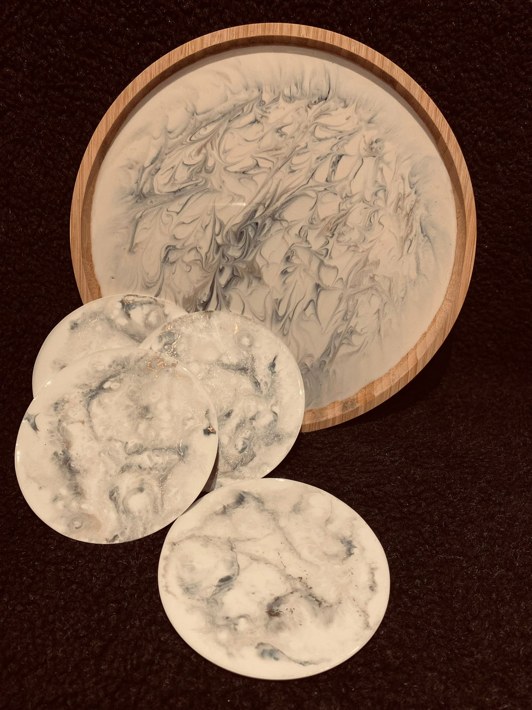 Marmer Set; Marmer Borrelplank + 4 Marmer Onderzetters